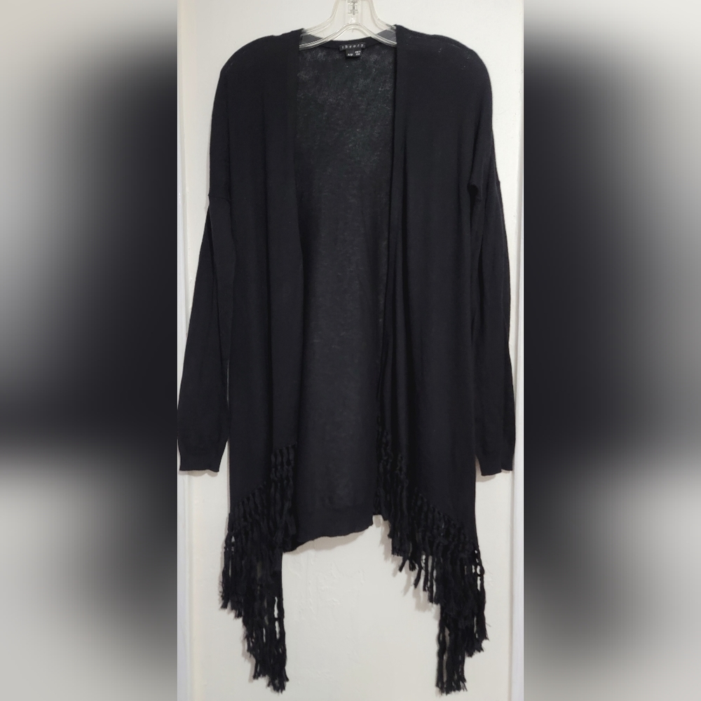 Theory Black Vesta Cotton Cashmere Fringe Trim Lightweight Cardigan Size XS